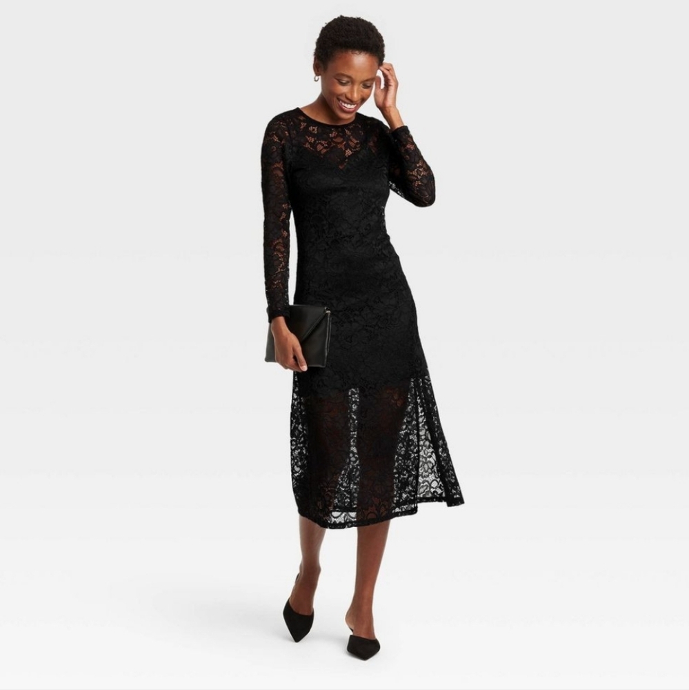 A New Day Women's Long Sleeve Midi Lace Dress -  Black Floral